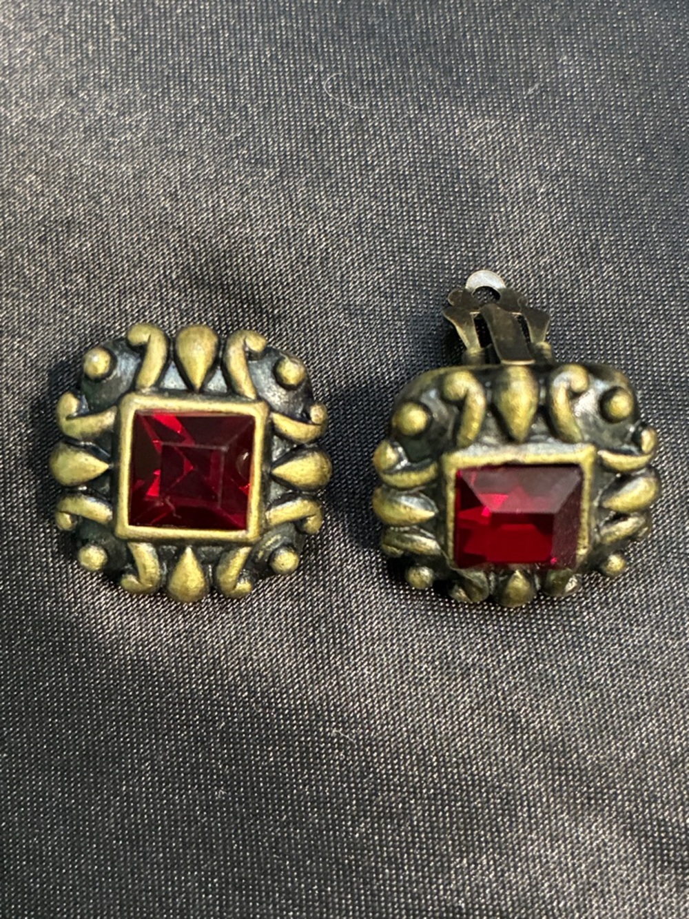 Vintage Gold-Tone Earrings with Red Square Stones